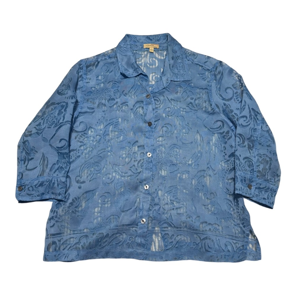 Vintage Choices See-through Blue Rayon Blend Casual Button Down Shirt Womens PXL